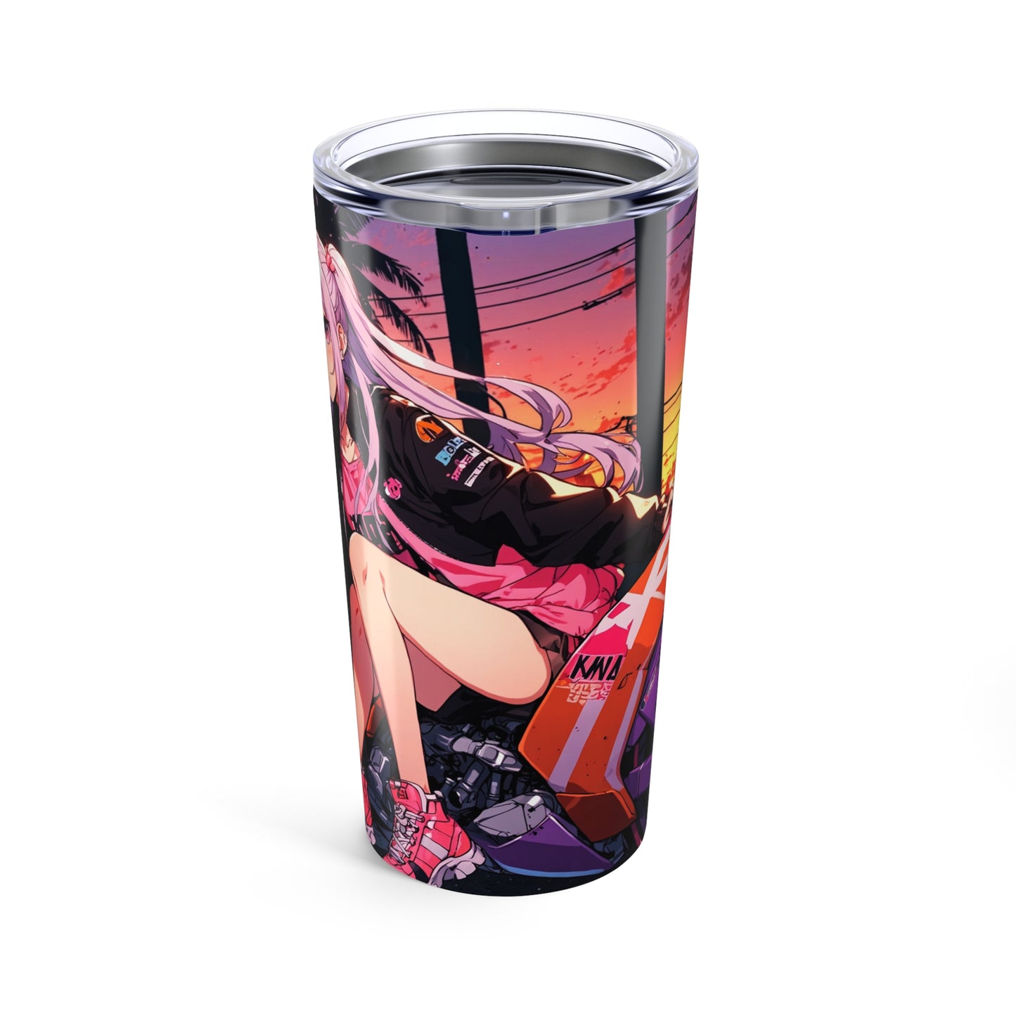 Tumbler Cup Anime Chibi Hover-Bike Girl 20oz Neon Future Sunset Design