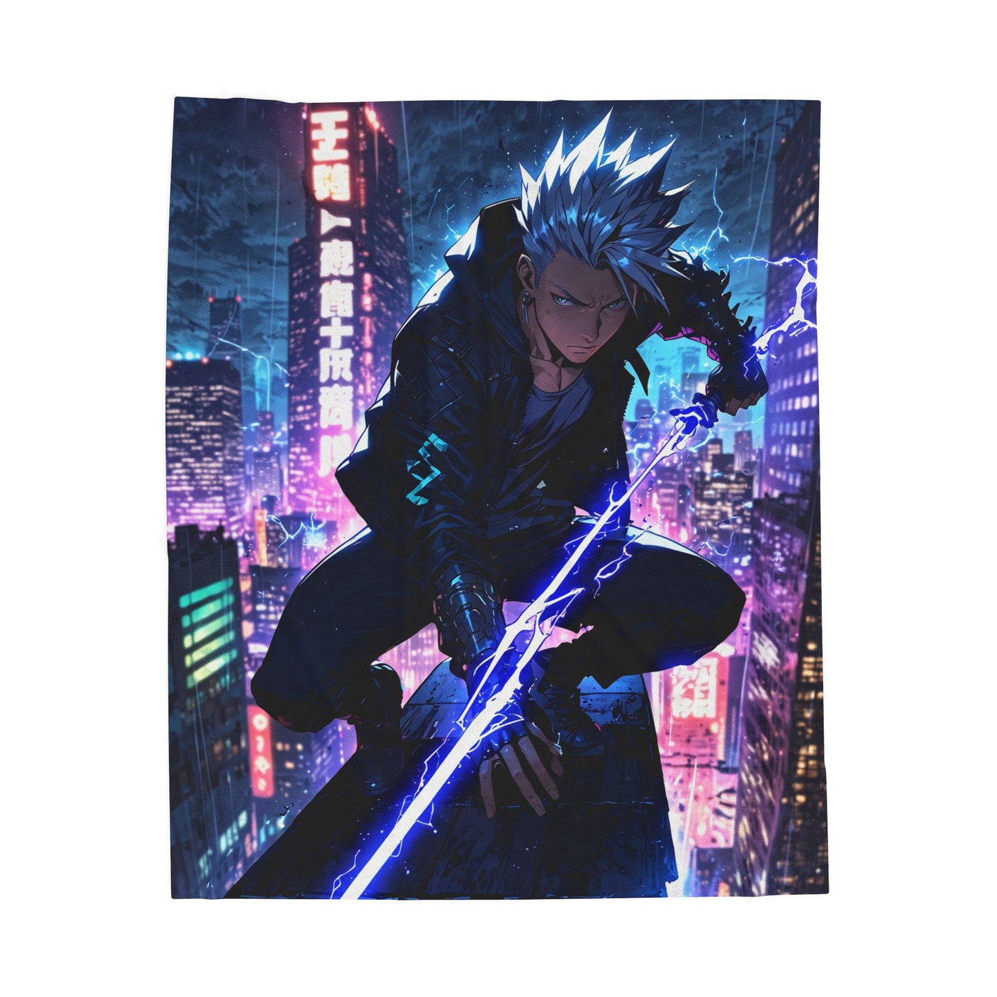 Anime Plush Blanket - Cyberpunk Lightning Warrior