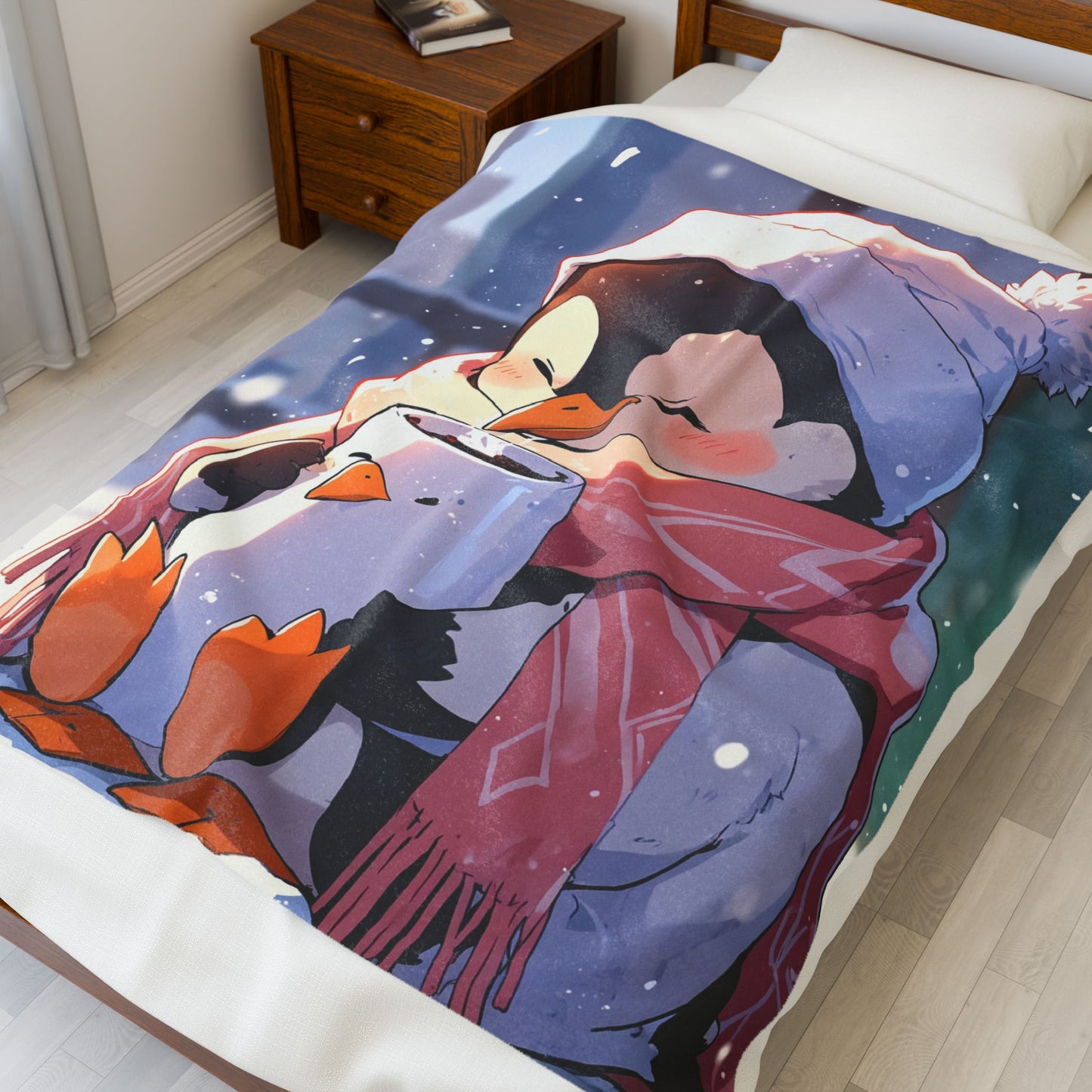 Anime Plush Blanket - Penguin Drinking Hot Chocolate
