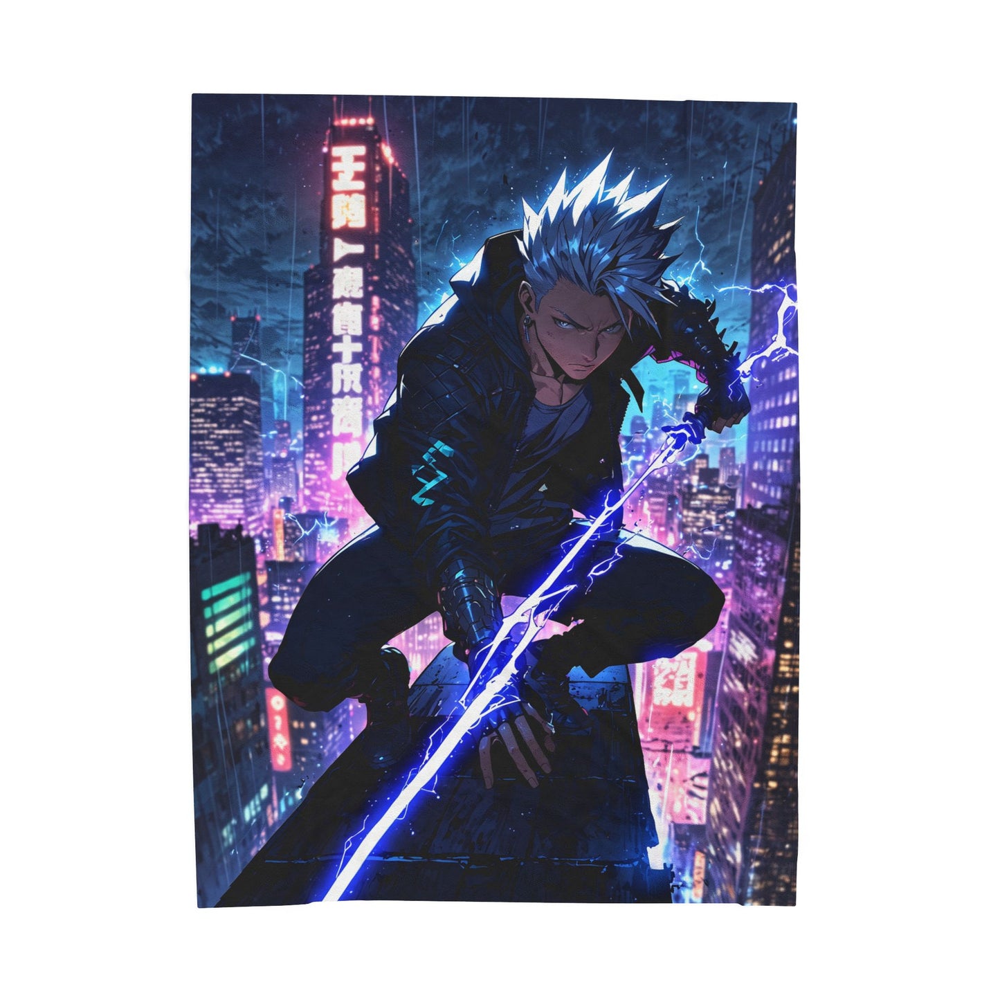 Anime Plush Blanket - Cyberpunk Lightning Warrior