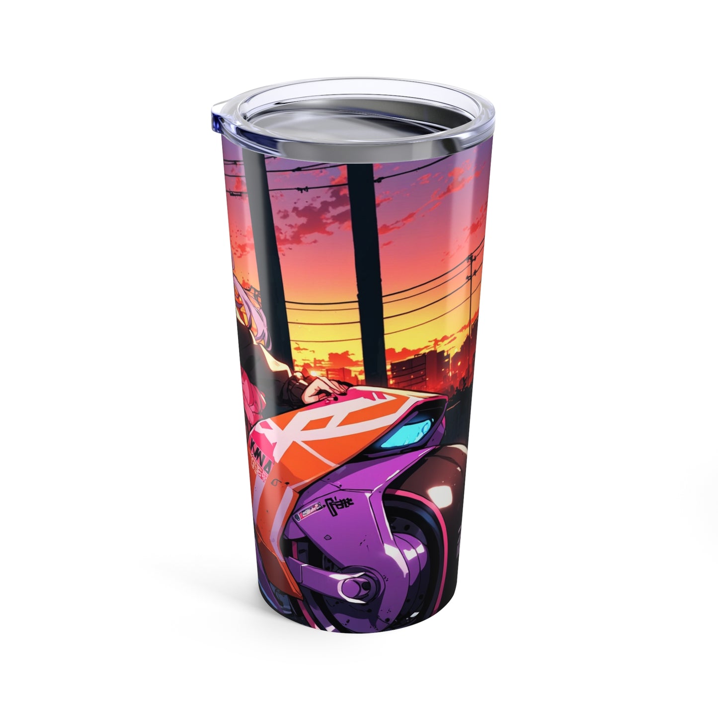 Tumbler Cup Anime Chibi Hover-Bike Girl 20oz Neon Future Sunset Design