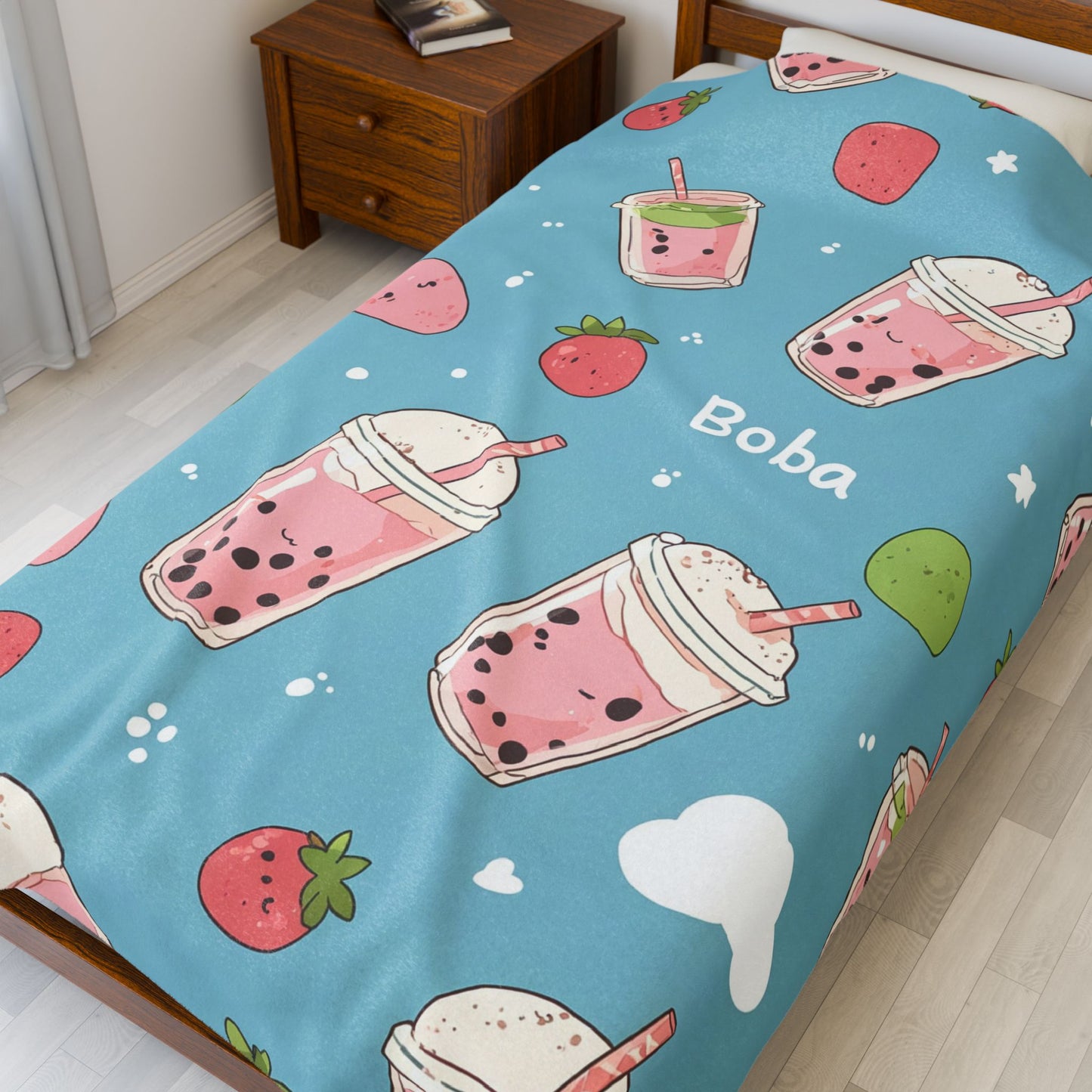 Anime Plush Blanket - Strawberry Boba Tea