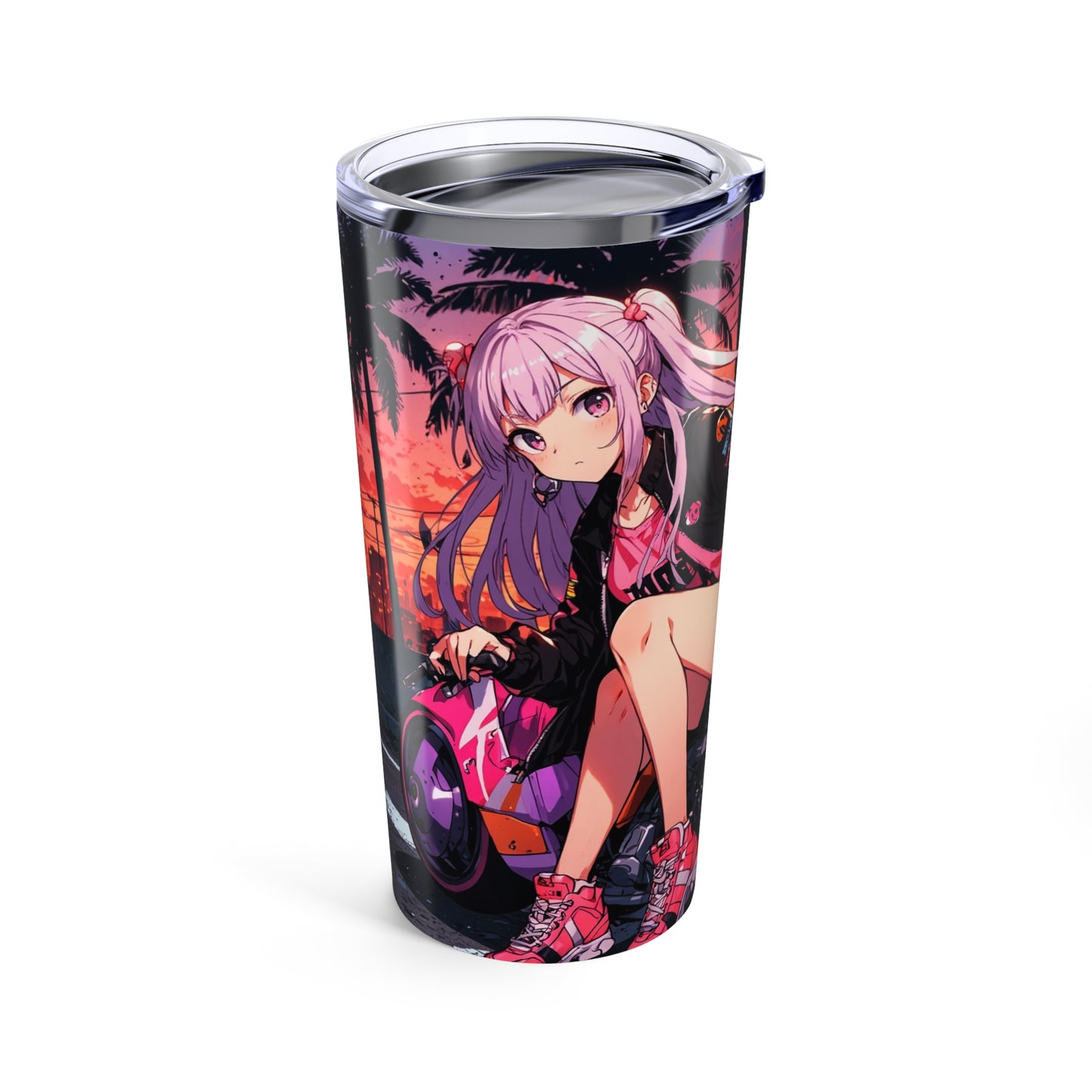 Tumbler Cup Anime Chibi Hover-Bike Girl 20oz Neon Future Sunset Design