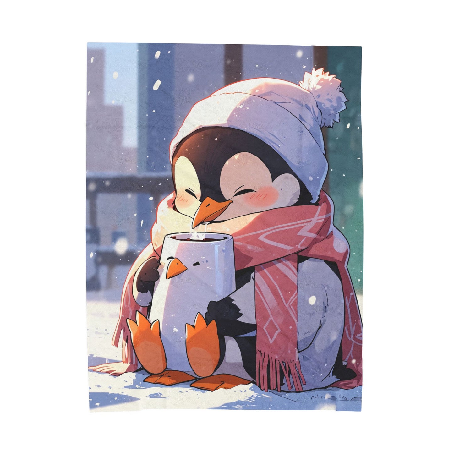 Anime Plush Blanket - Penguin Drinking Hot Chocolate