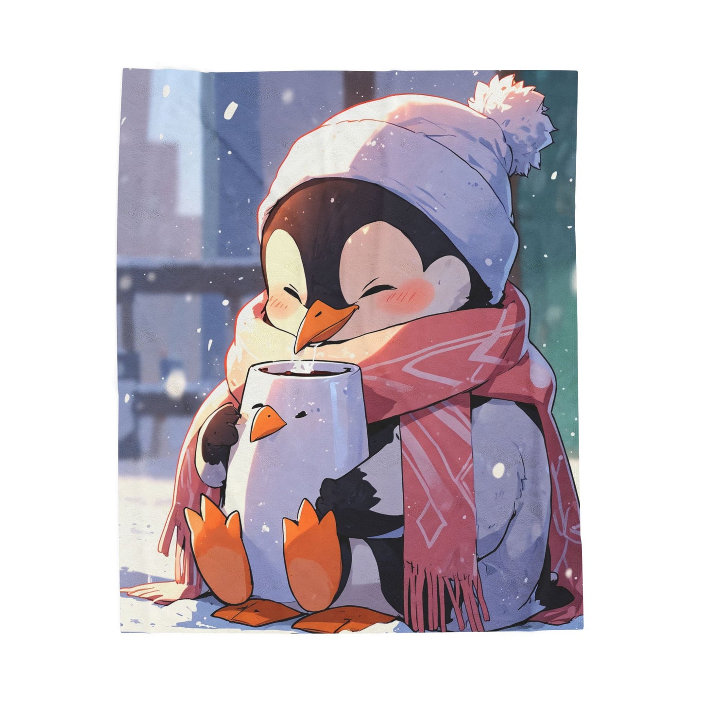 Anime Plush Blanket - Penguin Drinking Hot Chocolate