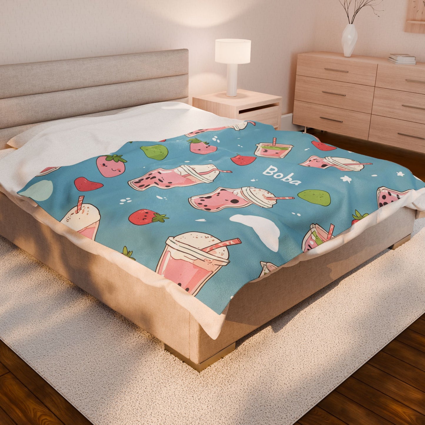 Anime Plush Blanket - Strawberry Boba Tea