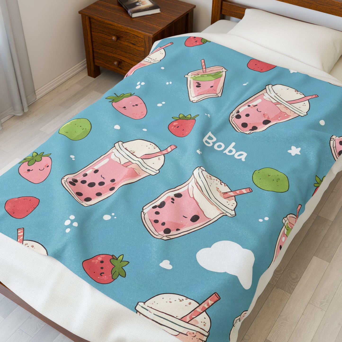 Anime Plush Blanket - Strawberry Boba Tea
